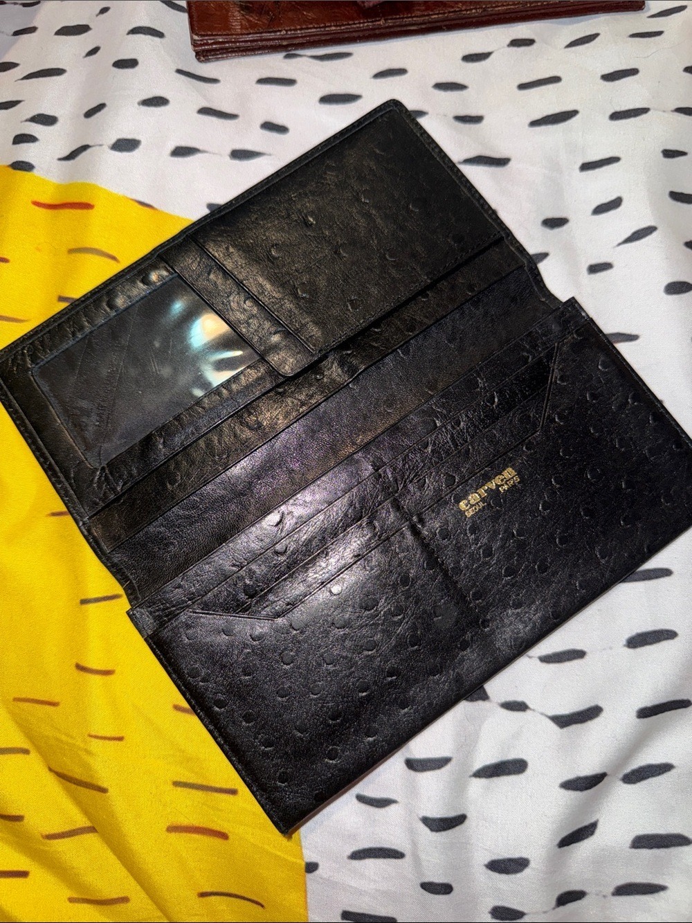 Carven Seoul-Italy Black Ostrich-Texture Leather Long Wallet with Gold Logo